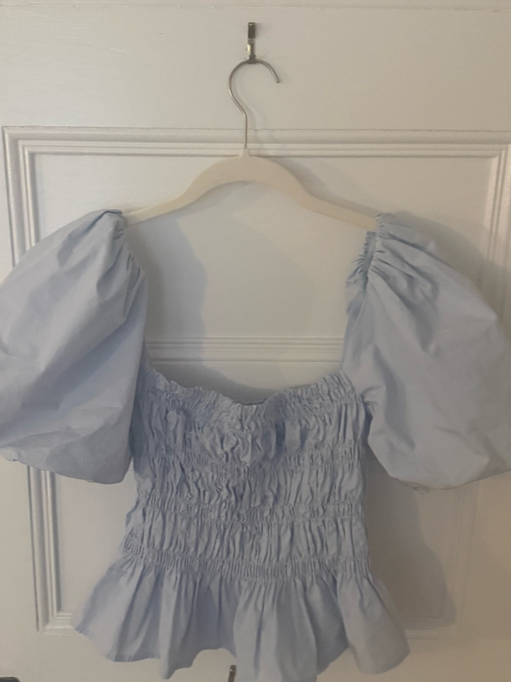 Astr Light Blue Puff Sleeve Smocked Peplum Blouse